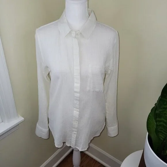 Treasure & Bond Button Up Blouse Ivory W/Silver Thread Collared Women's Size XS - Picture 4 of 15